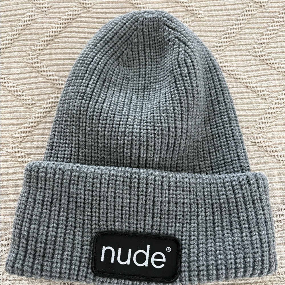 NUDE Gray Ribbed Cuffed Beanie with Logo Patch